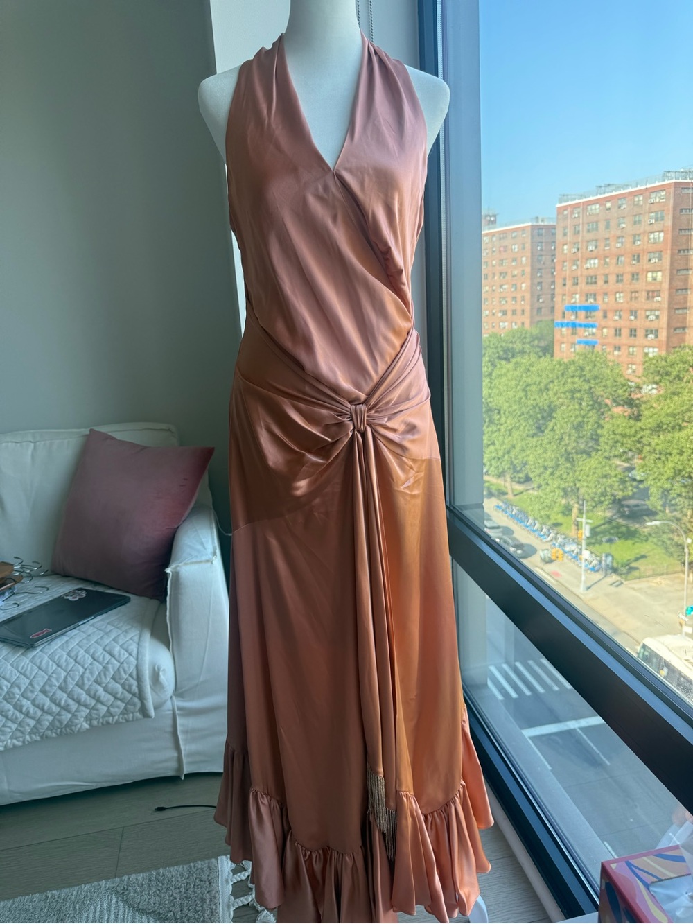 Cinq a Sept Copper Pink Halter Maxi Dress with Knotted Front